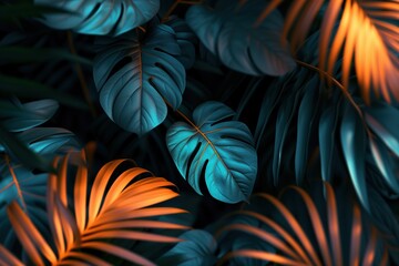 Dark tropical leaves luminous colorful colors