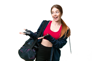 Young sport woman with sport bag over isolated chroma key background with surprise facial expression
