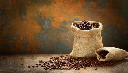 Fotobehang fresh old sack of coffee grains and brown old wall background © Aedan