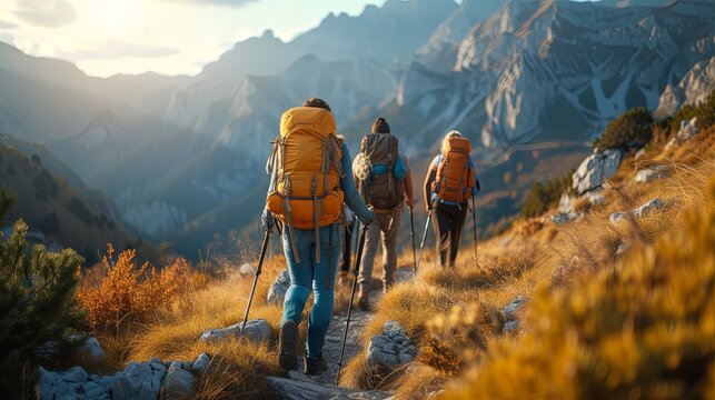 A Group of Hikers Ascending a Mountain. Generative AI.