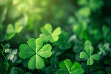 Clover Leaves for Green background with three-leaved shamrocks. st patrick's day background, holiday symbol. - obrazy, fototapety, plakaty