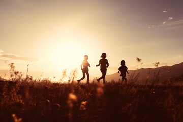 Silhouette children walking in the sunset