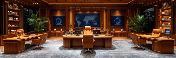 An elegant office filled with trophies and screens displaying a successful broker's achievements