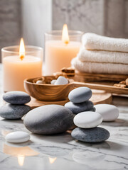 Spa still life with zen stones and candles on white marble background