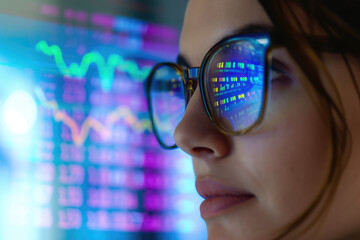 Female analyst viewing financial market data on a screen