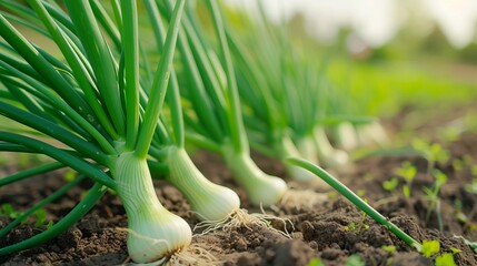 Obraz premium Growing green leek onion harvest and producing vegetables cultivation. Concept of small eco green business organic farming gardening and healthy food