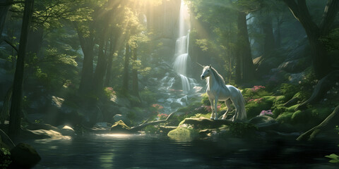 Mystical magical forest where the Unicorn feels safe - Beautiful White unicorn stood beside a deep dark pool with a waterfall in the background soft light and trees for shade
 - obrazy, fototapety, plakaty