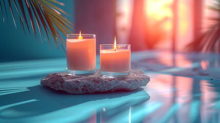 Glass Candle Product Mock Up on Rock Stone Pedestal in Pastel Beach Hombre Aesthetic - Fresh, Tropical Palm Leaf and Plant Shadows - Feminine, Miami Summer Color Scheme