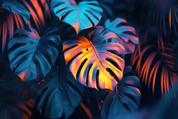 Dark tropical leaves luminous colorful colors