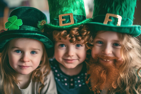 Family celebrating St. Patrick's Day. Irish holiday, culture and tradition. Kids wear green leprechaun hat and beard with Ireland flag and clover leaf.
