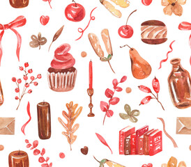 Watercolor pattern. Seamless pattern with red elements. Print with cupcake, hearts, candle,apples, books, letter. Vintage lovely design for fabric. home decor, festive packing, wrapping paper, package
