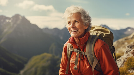 Naklejka premium Attractive senior woman walking outdoors in nature at sunset, hiking.
