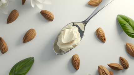 Almond butter in spoon and almonds on white background, 3d rendering