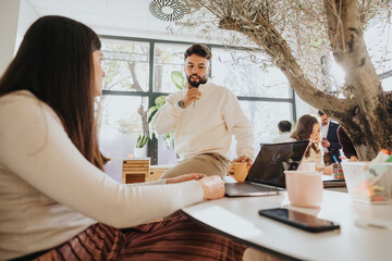 Business employees collaborating in a corporate office on business strategies, brainstorming ideas, and sharing creative solutions for growth and profitability.