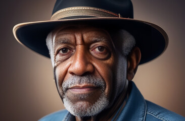 An elderly black man in a hat looks into the lens, smiles and rejoices.