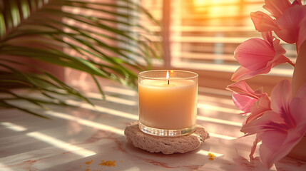 Obraz na płótnie Canvas Glass Candle Product Mock Up on Rock Stone Pedestal in Pastel Beach Hombre Aesthetic - Fresh, Tropical Palm Leaf and Plant Shadows - Feminine, Miami Summer Color Scheme