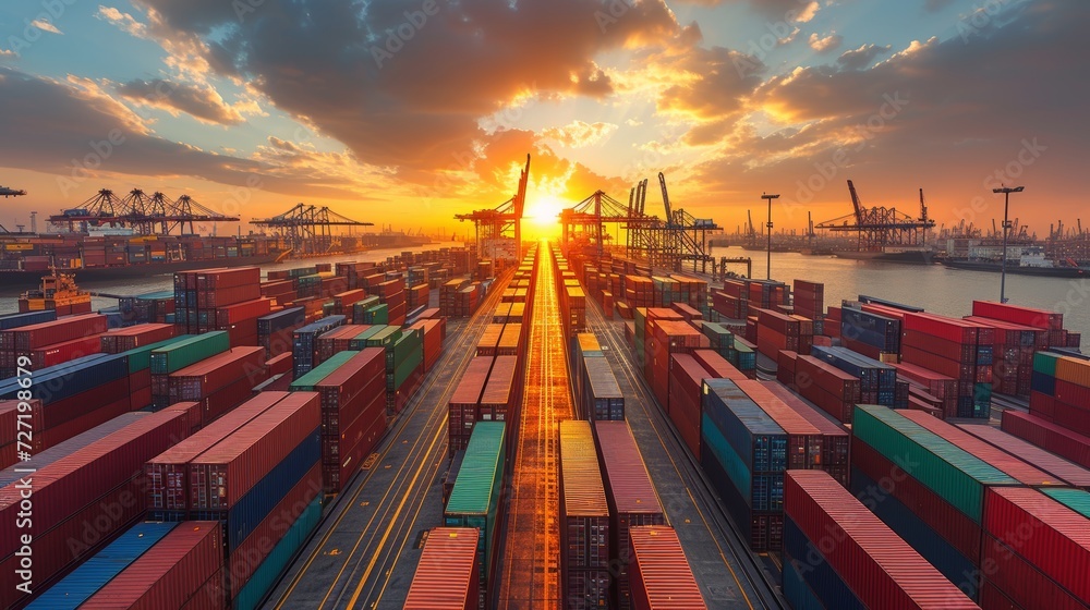 Aufkleber an image of a container cargo ship and cargo plane with a working crane bridge in a shipyard at sunr
