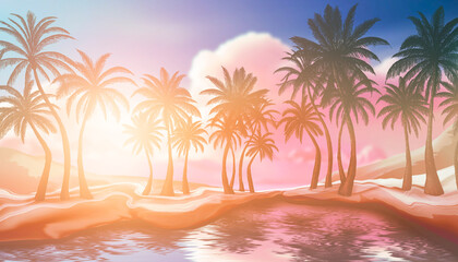 Fototapeta na wymiar Seascape with palm trees at sunset, neon, silhouettes of palm trees, reflection in the water.