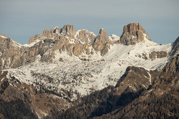 Civetta resort. Panoramic view of the Dolomites mountains in winter, Italy. Ski resort in Dolomites, Italy. Aerial  drone view of ski slopes and mountains in dolomites.