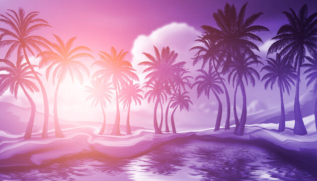 Seascape with palm trees at sunset, neon, silhouettes of palm trees, reflection in the water.