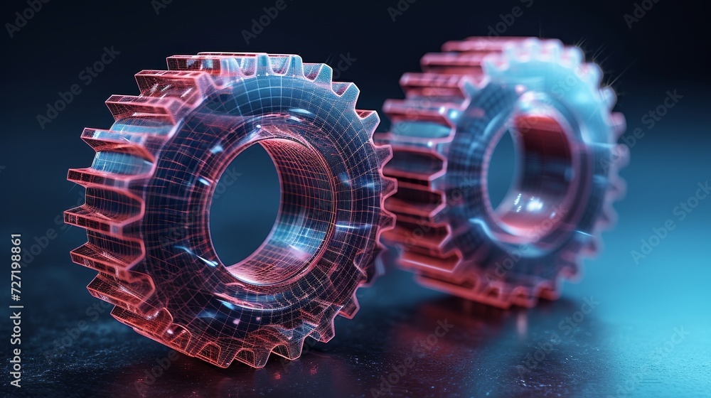 Aufkleber the abstract vector wireframe of two gears in three dimensions on a dark blue background. an enginee