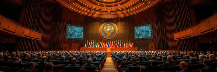 An international conference hall where world leaders discuss global economic policies