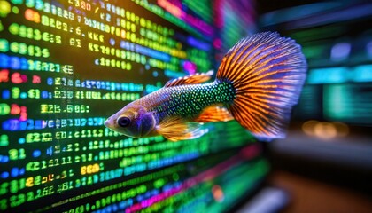 blurred fish tail guppy pet fish digital binary data on computer screen digital computer code and black background admin access to data source colorful abstract data display source code close up - obrazy, fototapety, plakaty