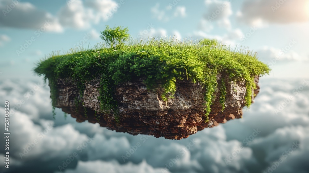 Poster an isolated grass field in the air with clouds flying through it. 3d rendered, grass field in the ai