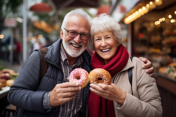 Middle aged couple at indoors holding a donut