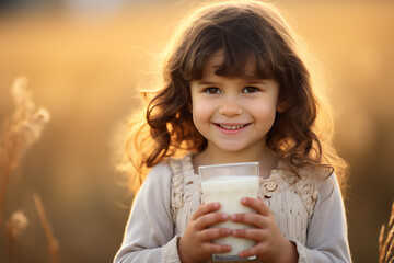 Cute little caucasian girl at outdoors having breakfast milk