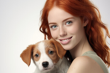Young pretty redhead girl over isolated white background with a dog