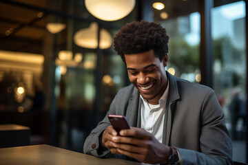 Obraz premium Young African American man using mobile phone