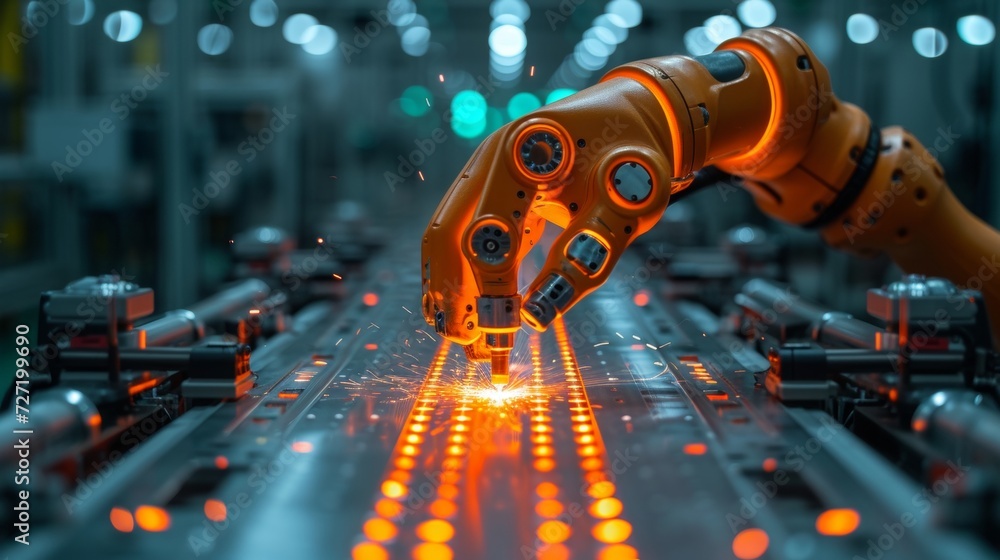Aufkleber With the help of UI monitoring system software, engineer hand checks and controls welding robotics automatic arms icon in intelligent factory automotive industrial.