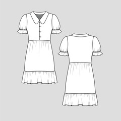 Collar Neck Gathering Ruffles Dress Button Panel Ruffles Frill Sleeve Collared Fashion Dresses flat sketch technical drawing template design vector