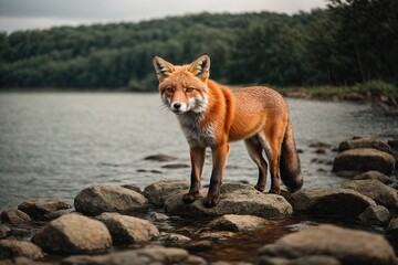  Beautiful red fox standing on a few stones over the water surface