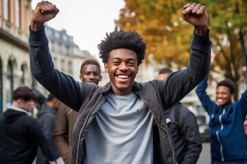Young African American man in victory gesture - obrazy, fototapety, plakaty