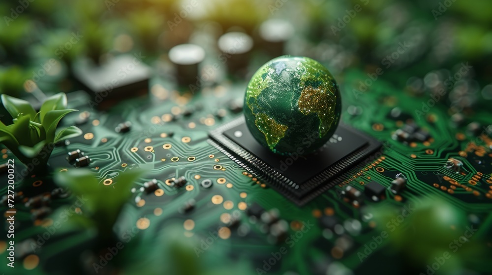 Aufkleber The concept of green technology. green world icon on circuit boards. Environment Green Technology Computer Chip.Green Computing and Technology, CSR, and IT ethics.