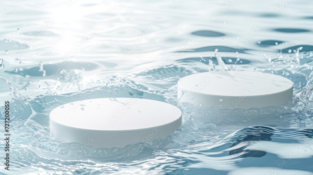 Poster The two podiums sit on a transparent water texture with splashes and waves in sunlight. As an abstract nature background for displaying cosmetics, they have empty white circles on top.