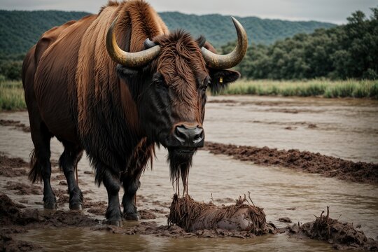 buffalo bull covered in mud near river