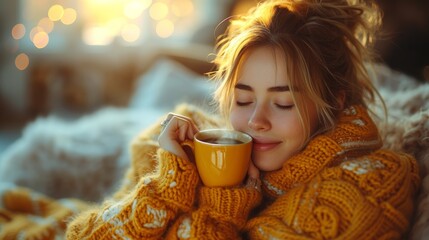 Young woman drinking tea in an autumn morning. Pretty woman with sweater at home enjoying hot coffee under blanket with closed eyes. Pretty woman drinking hot coffee at home with closed eyes. - obrazy, fototapety, plakaty