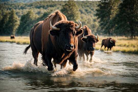 buffalo running fast in lake with splash water around