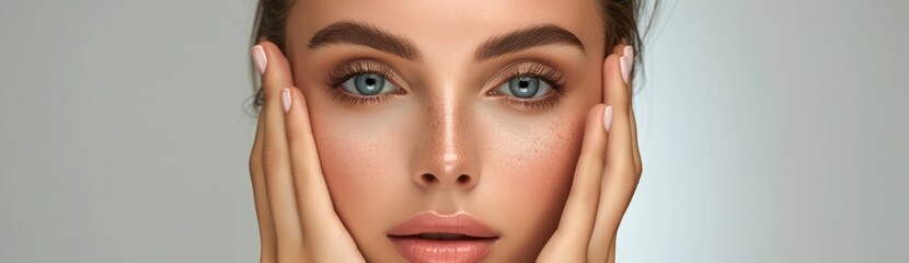 Fototapeta premium A captivating portrait featuring a woman modeling makeup, ideal for promoting face wash products, her hand delicately touching her fresh face.