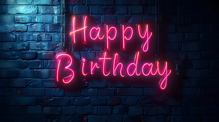Happy Birthday neon sign on brick wall background. Greeting card. Happy Birthday card concept.