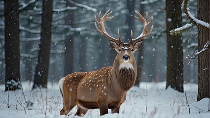 a male noble deer in a snow forest, a winter scene, with a background of Christmas