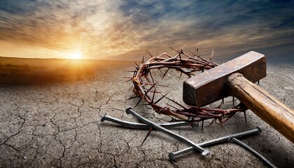 passion of jesus christ hammer and bloody nails and crown of thorns on arid ground - obrazy, fototapety, plakaty