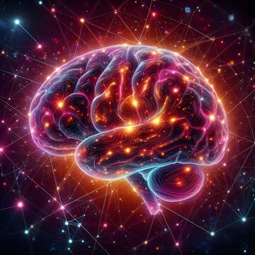 Detailed image of brain, neon lights, constellations, hd, 4k