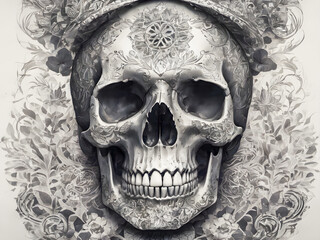 Skull with floral pattern on white background. Sepia tone.