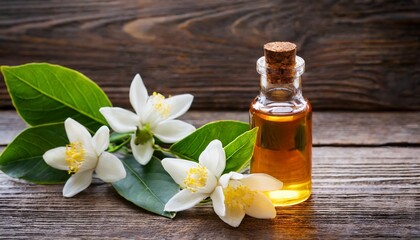 Fototapeta na wymiar neroli essential oil with flowers on a wooden background 2