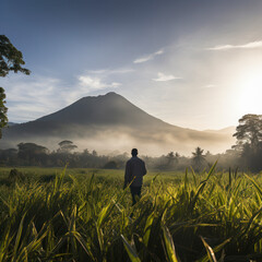 indonesia bali silhouette of man walking in field with volcano in background.