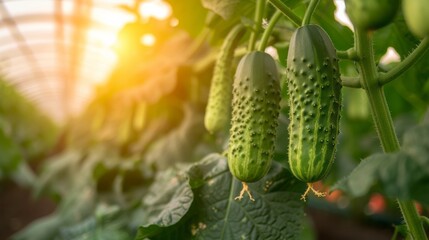 Obraz premium Growing cucumber harvest and producing vegetables cultivation. Concept of small eco green business organic farming gardening and healthy food